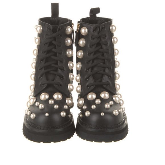 Moschino Leather Pearl Embellished Platform Combat Black Boots Size 36 - Picture 3 of 5